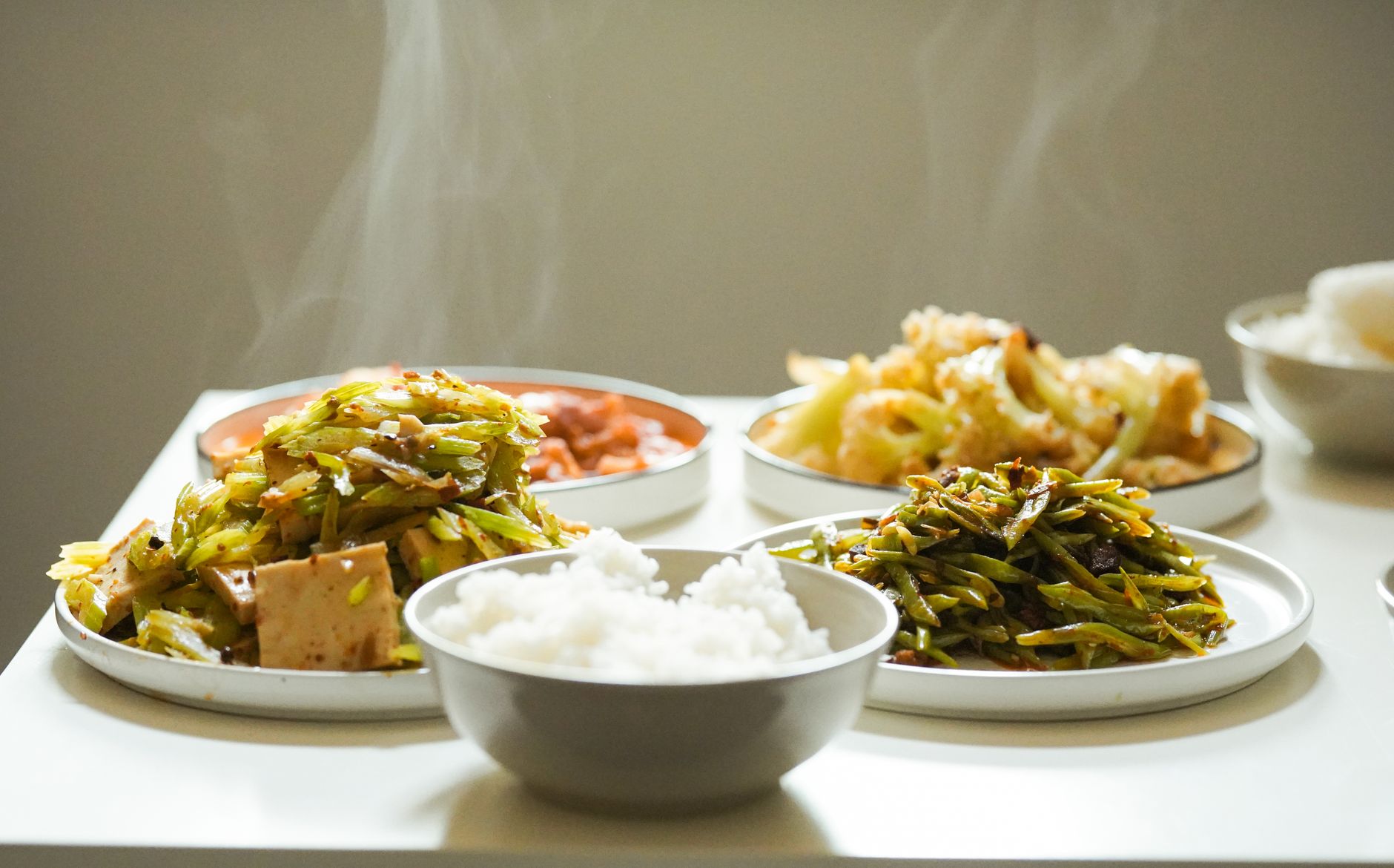 steaming vegetable and tofu boiled meal bowl