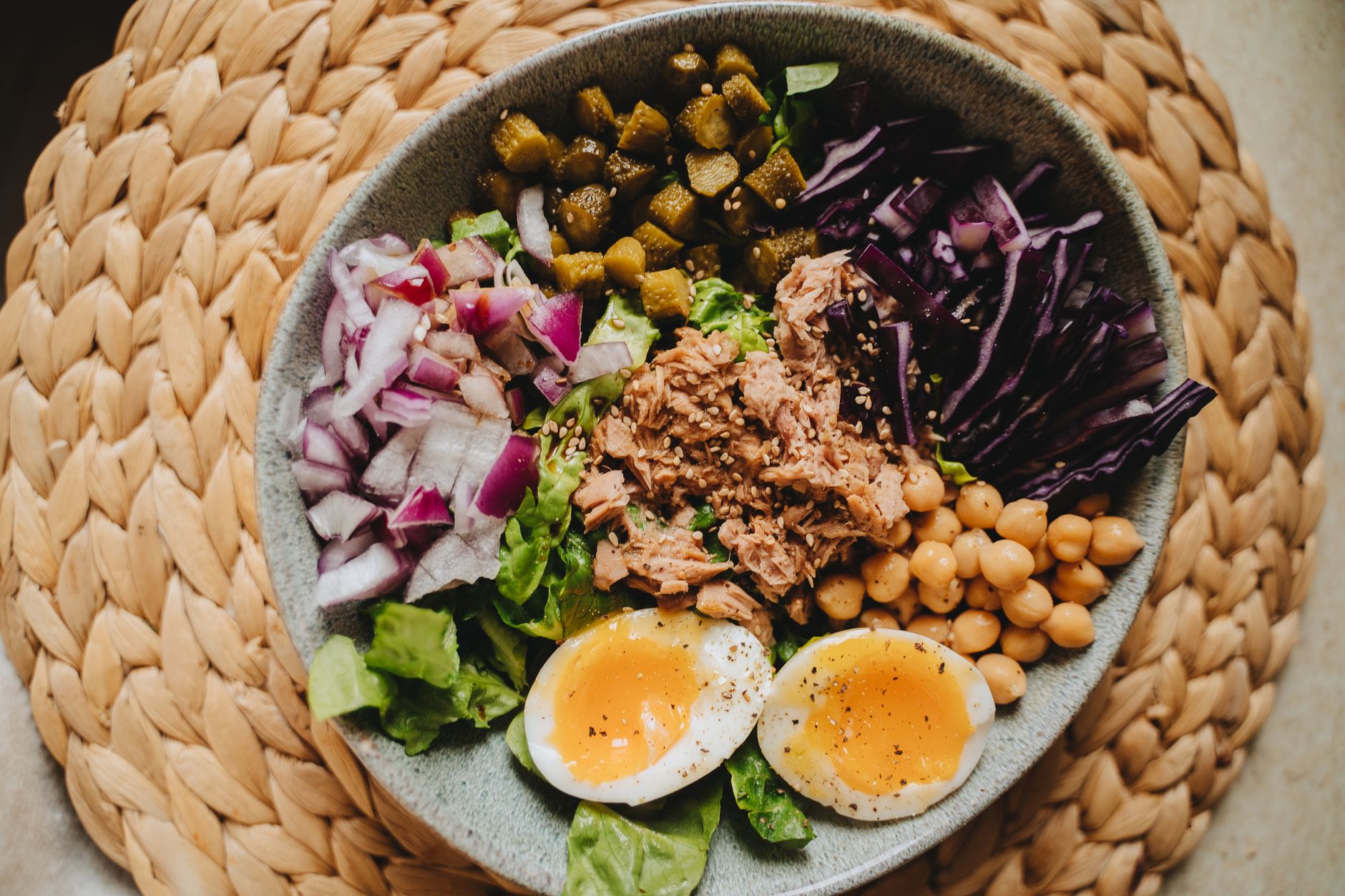 colorful healthy meal bowl overhead shot