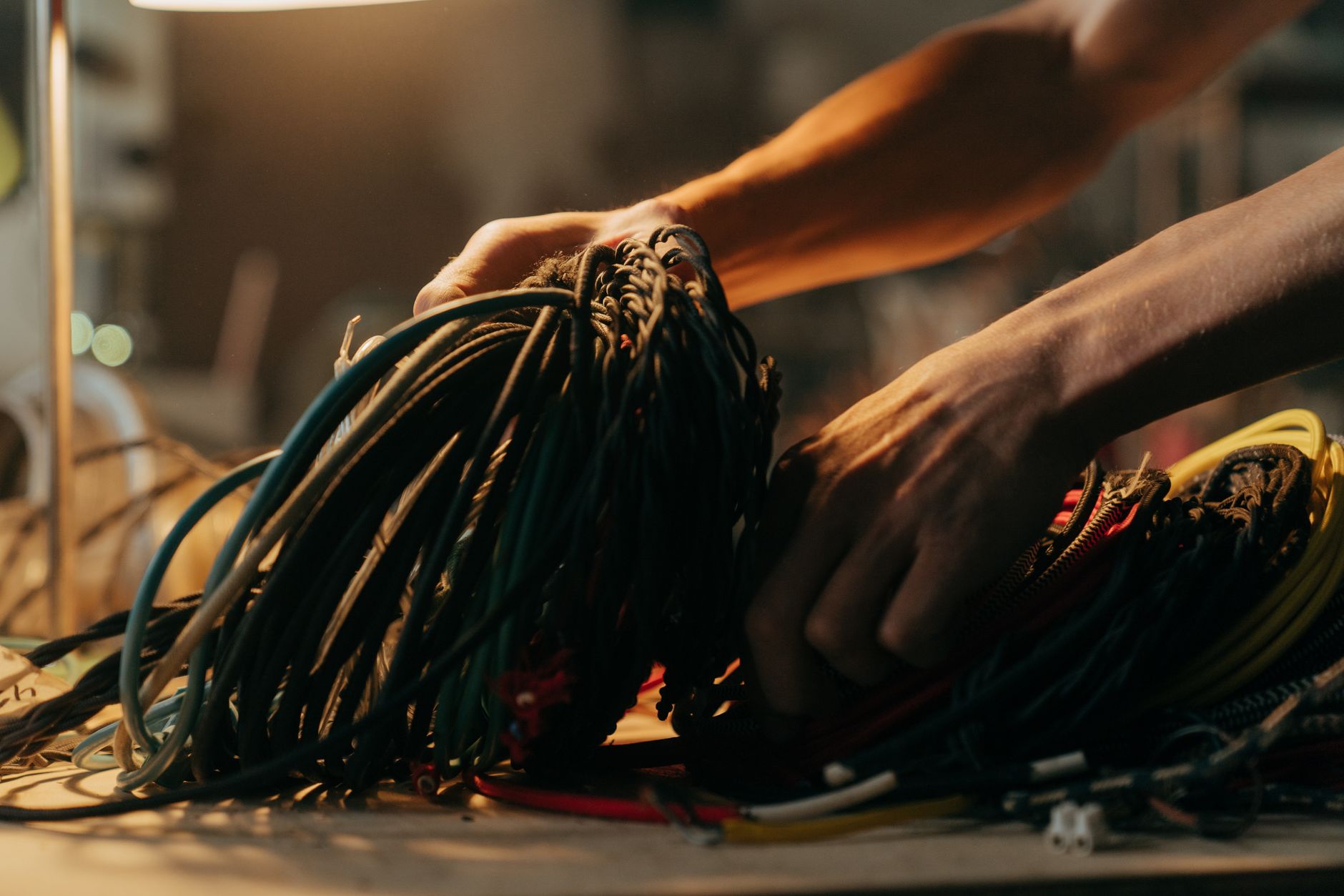 electrician hands connecting wires in fuse box