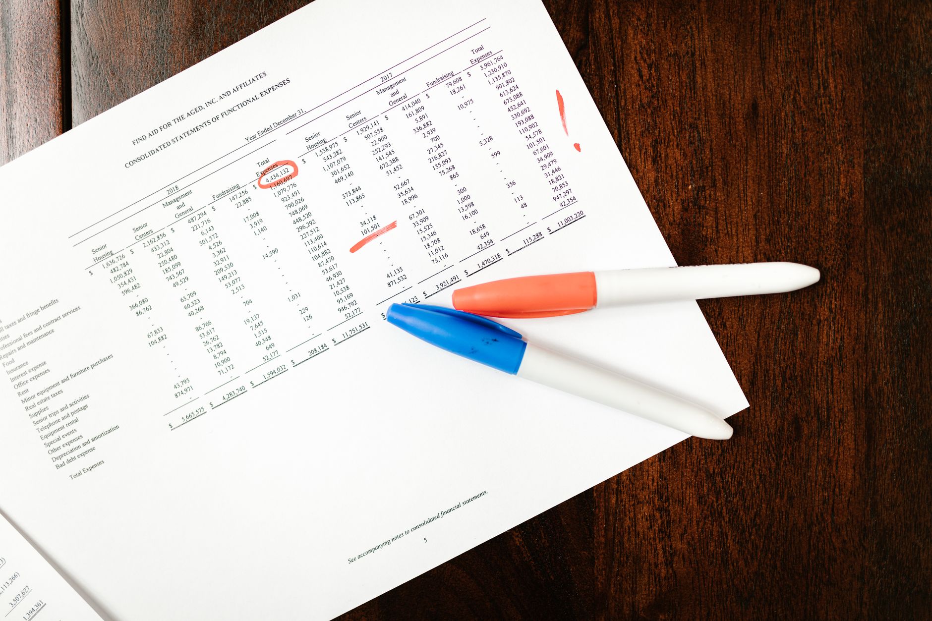 pen pointing at financial report documents