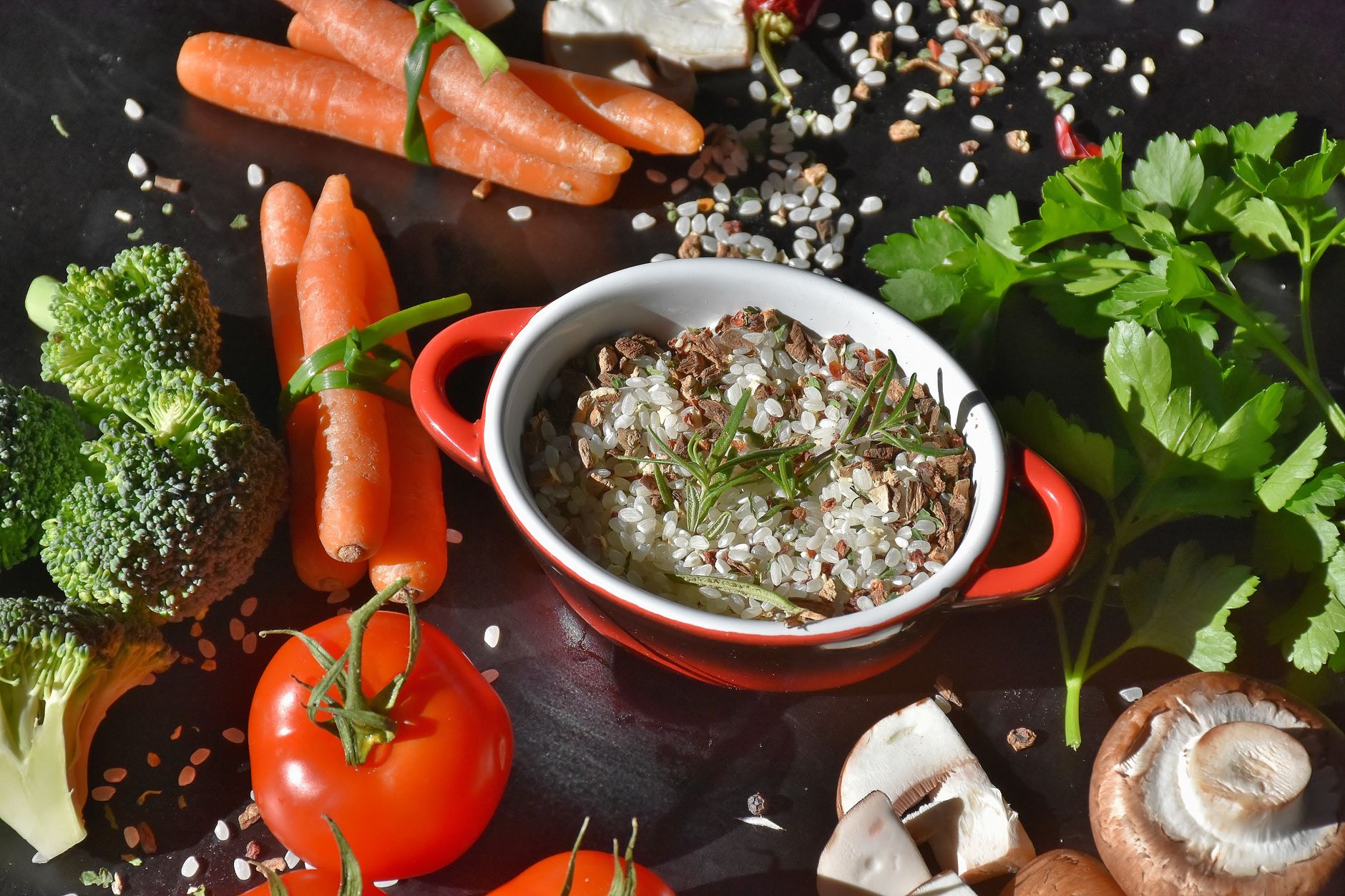 colorful healthy meal bowl overhead shot
