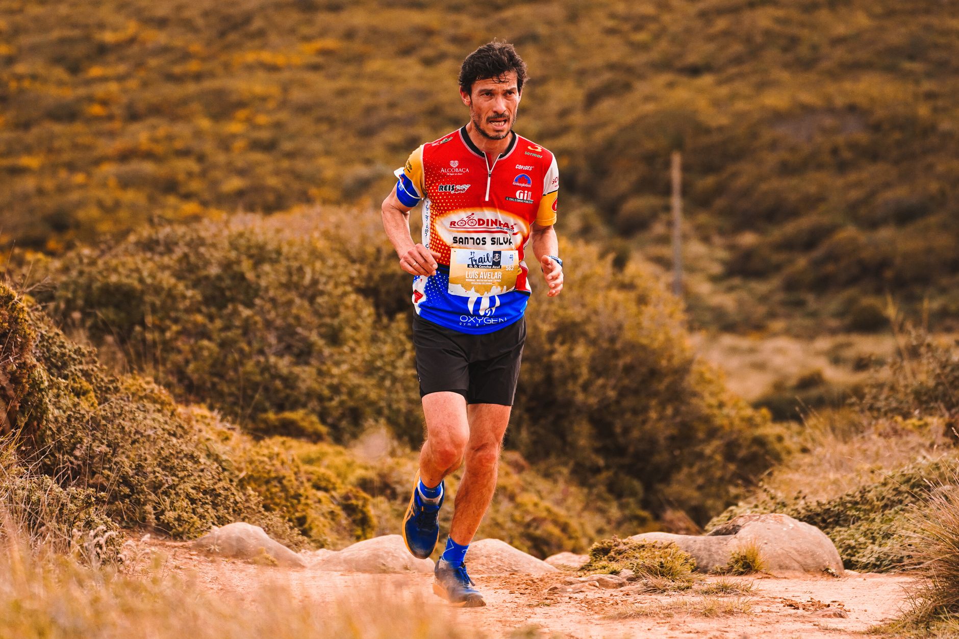 trail runner ascending mountain foggy path