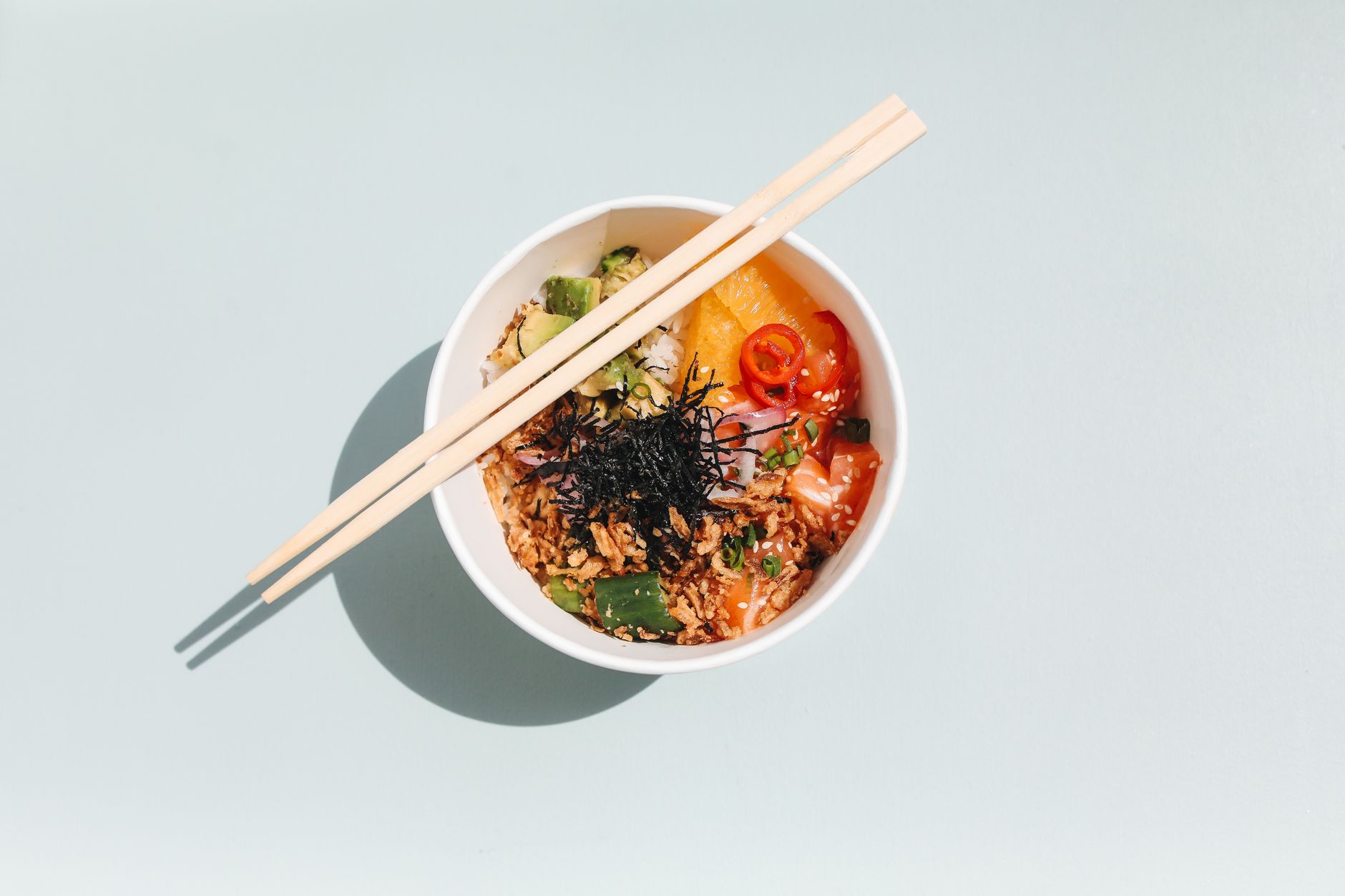 colorful healthy meal bowl overhead shot