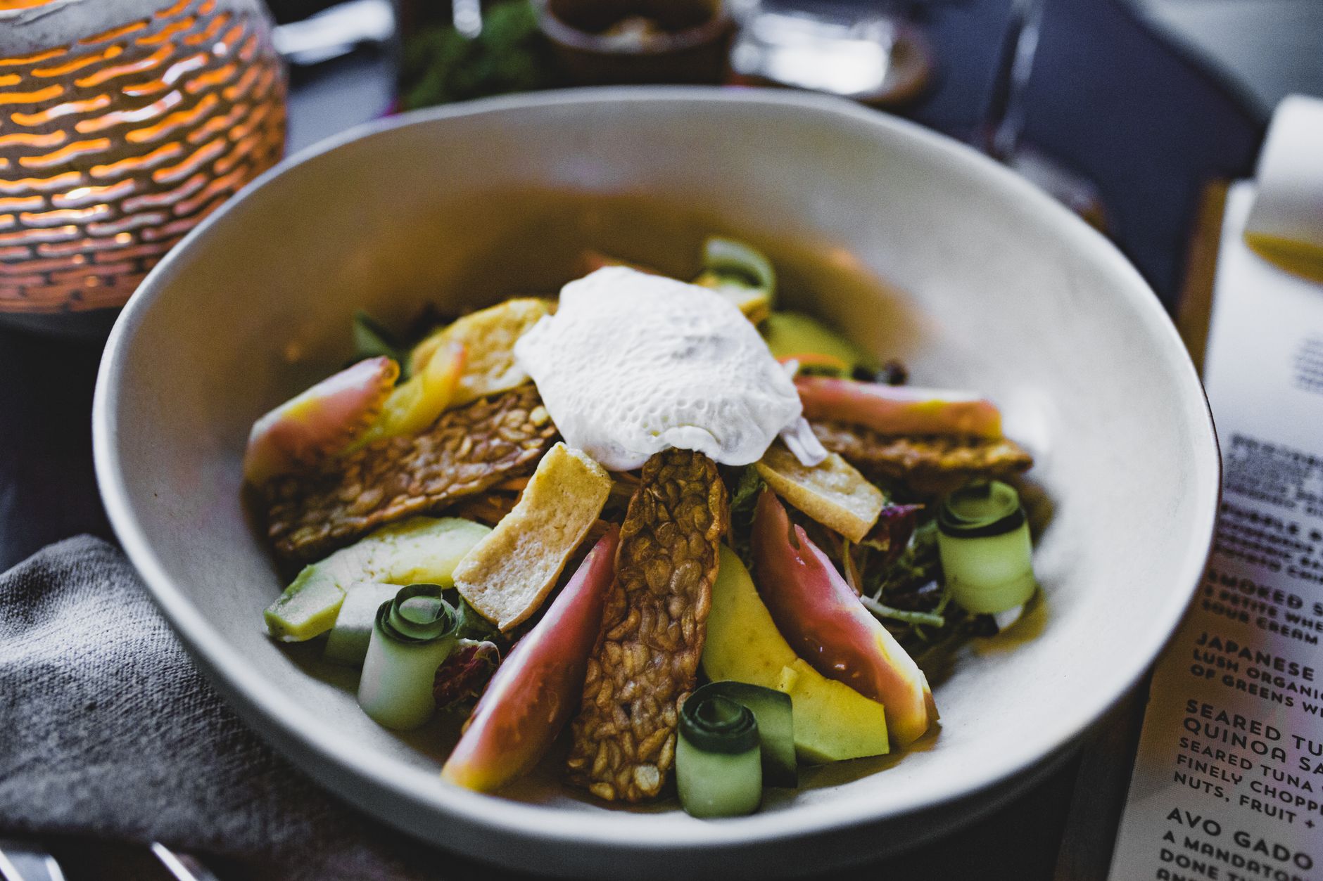 colorful healthy meal bowl with tempeh and vegetables